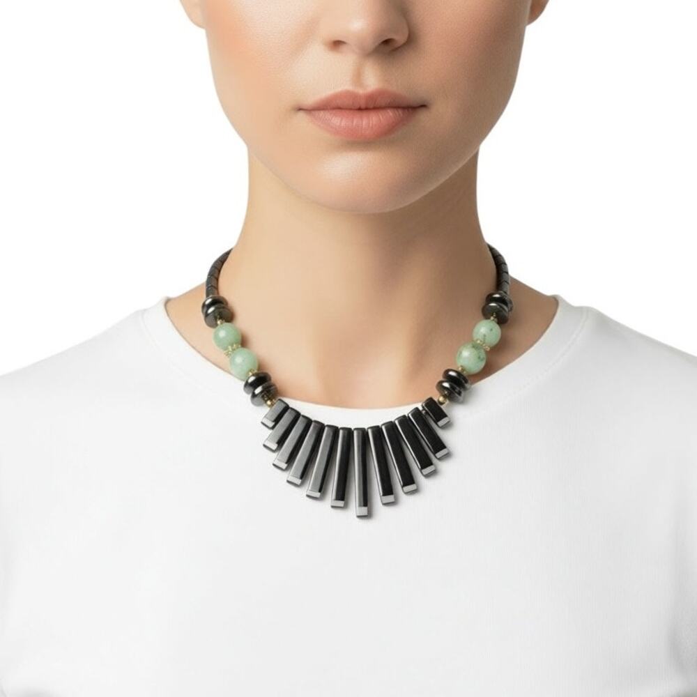 Hematite Fan Bib Necklace with Green Aventurine Beads Barrel Clasp